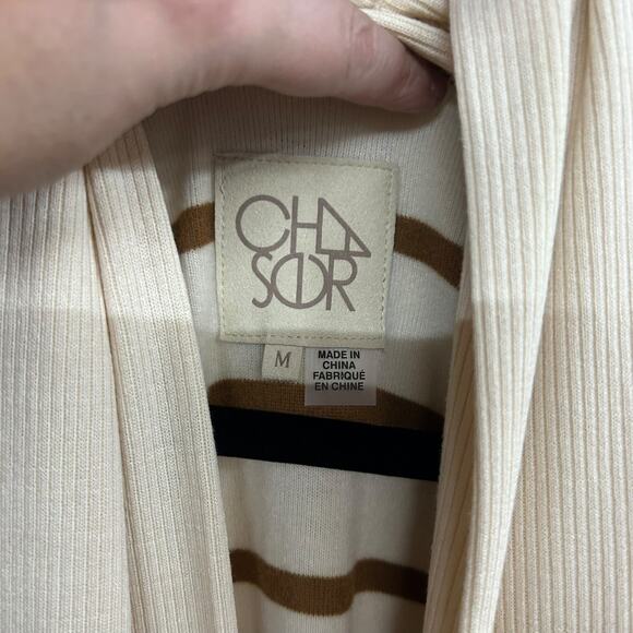 Chaser Cream Brown Striped Duster Cardigan L Open Front Knit Sweater Boho - Picture 6 of 8